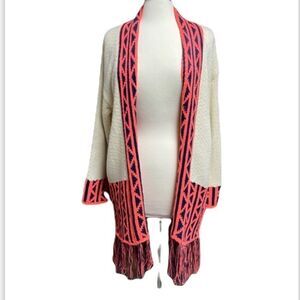 Kate Collection Cream & Neon Coral & Navy Fringe Cardigan Sweater Size Large